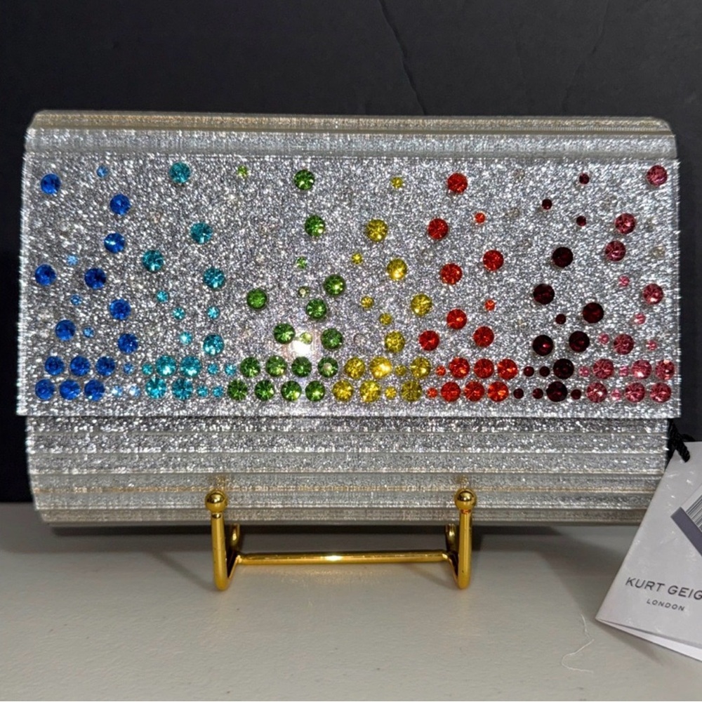 Kurt Geiger Glittering Silver Clutch with Rainbow Gemstones